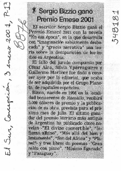 Sergio Bizzio ganó Premio Emese 2001  [artículo]