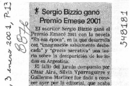 Sergio Bizzio ganó Premio Emese 2001  [artículo]