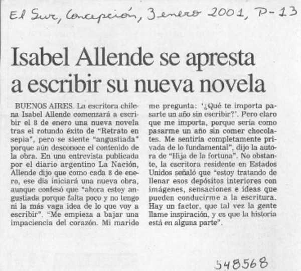 Isabel Allende se apresta a escribir su nueva novela  [artículo]