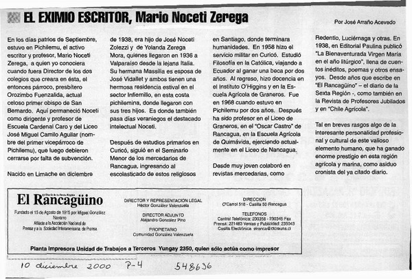 El eximio escritor, Mario Noceti Zerega  [artículo] José Arraño Acevedo