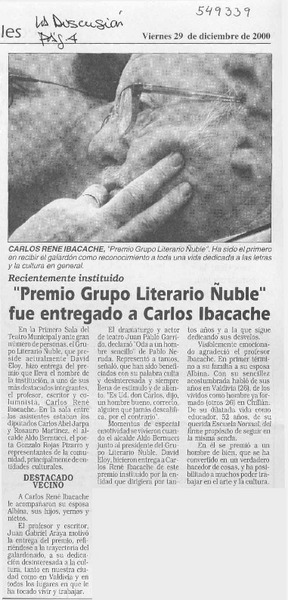 "Premio Grupo Literario Ñuble" fue entregado a Carlos Ibacache  [artículo]