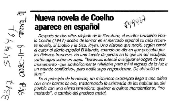 Nueva novela de Coelho aparece en español  [artículo]