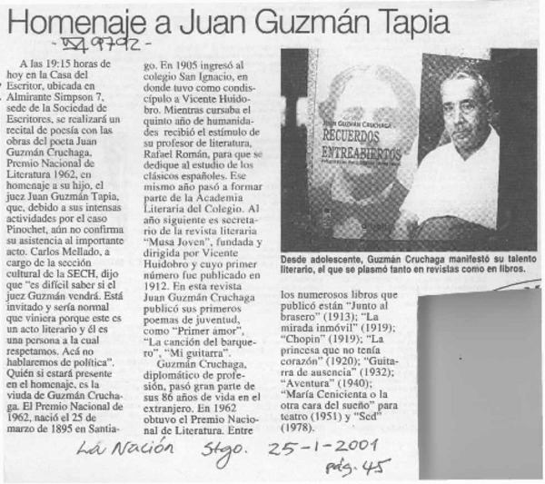Homenaje a Juan Guzmán Tapia  [artículo]