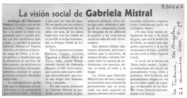 La visión social de Gabriela Mistral  [artículo]