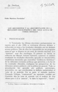 Los argumentos y la argumentación en la reflexión socio-política del Chile actual de Tomás Moulian  [artículo] Pablo Martínez Fernández