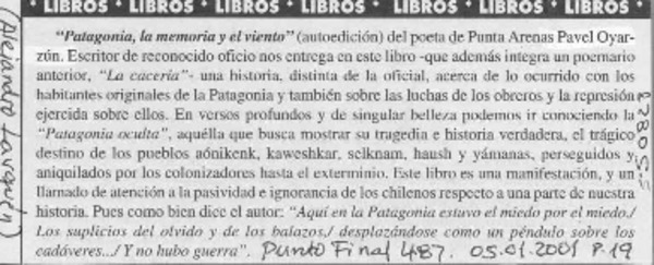 "Patagonia, la memoria y el viento"  [artículo] Alejandro Lavquén