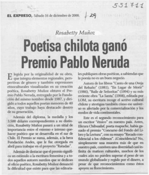 Poetisa chilota ganó Premio Pablo Neruda  [artículo]