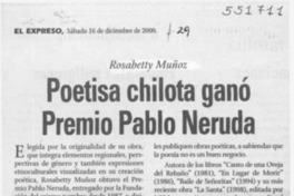 Poetisa chilota ganó Premio Pablo Neruda  [artículo]