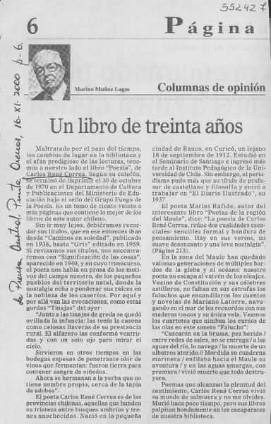 Un libro de treinta años  [artículo] Marino Muñoz Lagos