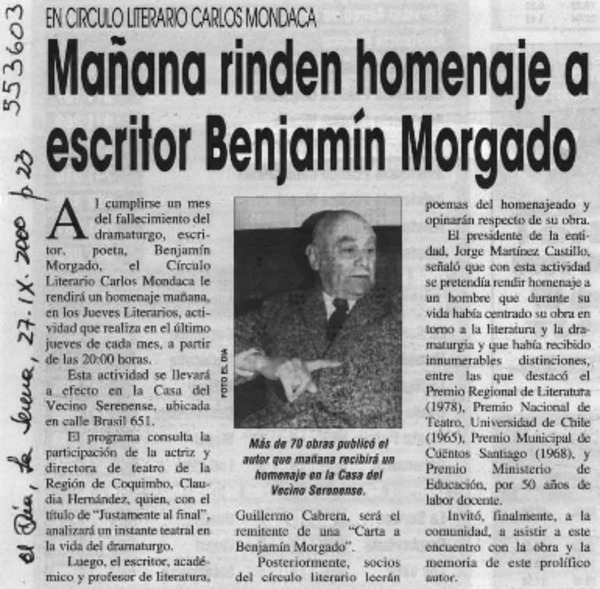 Mañana rinden homenaje a escritor Benjamín Morgado  [artículo]