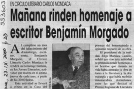 Mañana rinden homenaje a escritor Benjamín Morgado  [artículo]