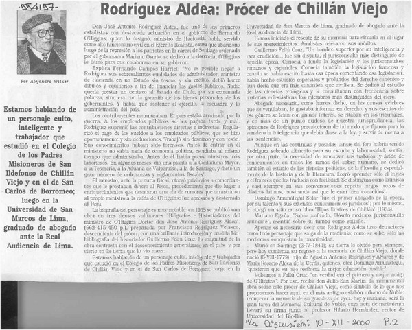 Rodríguez Aldea, prócer de Chillán Viejo  [artículo] Alejandro Witker