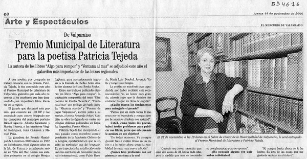 Premio Municipal de Literatura para la poetisa Patricia Tejeda  [artículo]