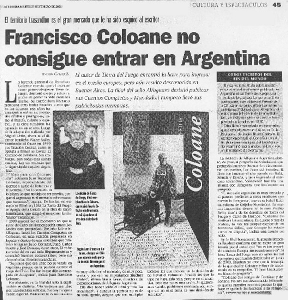 Francisco Coloane no consigue entrar en Argentina