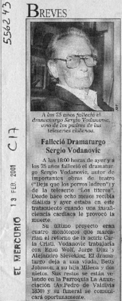 Falleció dramaturgo Sergio Vodanovic  [artículo]