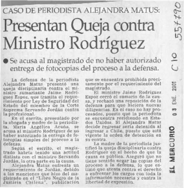 Presentan queja contra ministro Rodríguez  [artículo]