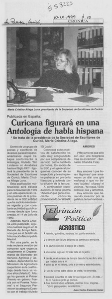 Curicana figurará en una antología de habla hispana