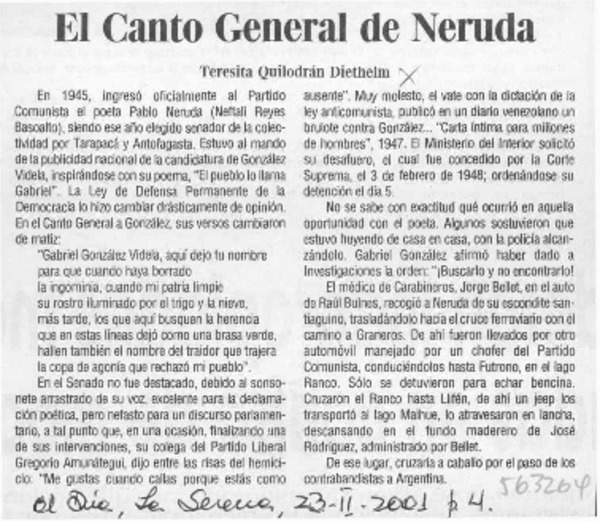 El Canto General de Neruda  [artículo] Teresita Quilodrán Diethelm