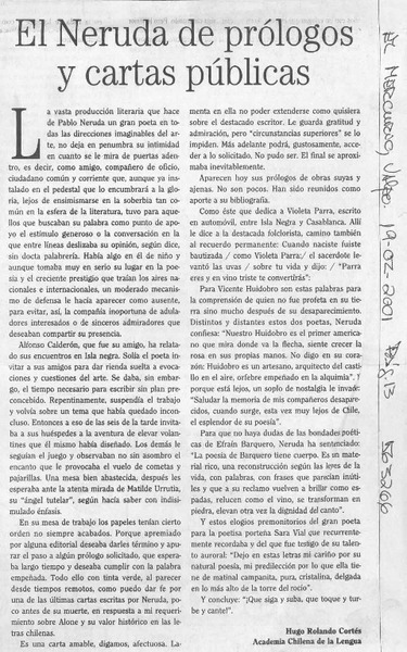 El Neruda de prólogos y cartas publicas  [artículo] Hugo Rolando Cortés