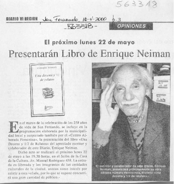 Presentarán Libro de Enrique Neiman  [artículo]