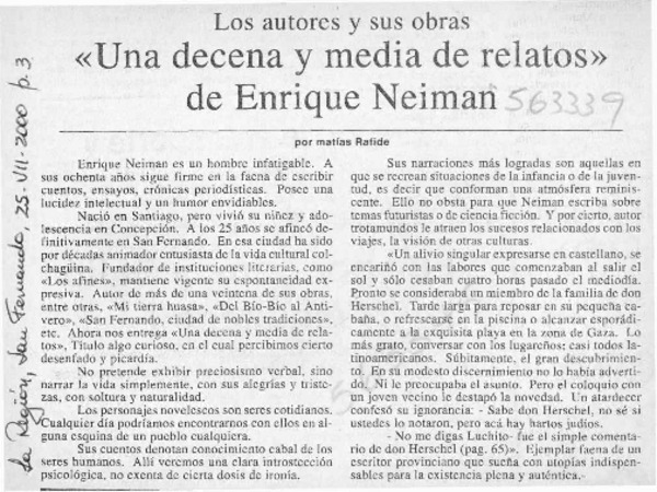 "Una decena y media de relatos" de Enrique Neiman  [artículo] Matías Rafide