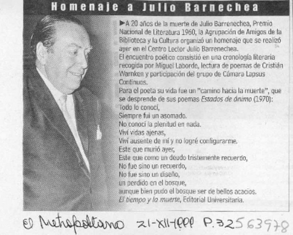 Homenaje a Julio Barrenechea  [artículo]