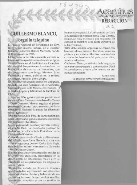 Guillermo Blanco, orgullo talquino  [artículo] Fanny Ross