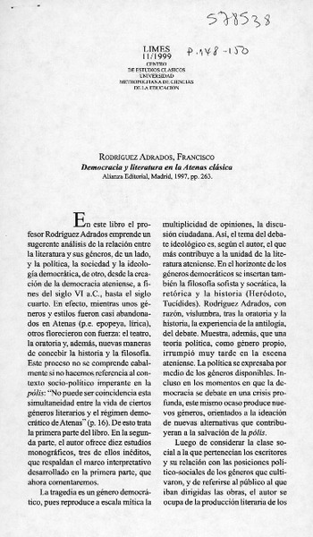 Democracia y literatura en la Atenas clásica  [artículo] Andrés Covarrubias Correa