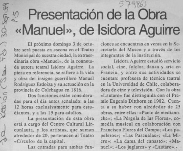 Presentación de la obra "Manuel", de Isidora Aguirre