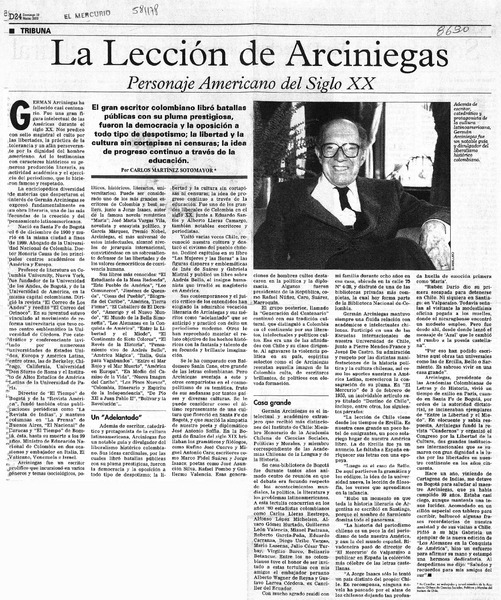 La lección de Arciniegas  [artículo] Carlos Martínez Sotomayor