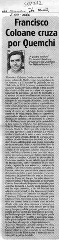 Francisco Coloane cruza por Quemchi  [artículo] Nelson Navarro C.