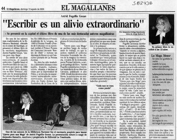 "Escribir es un alivio extraordinario"  [artículo] Alejandra Zúñiga Sepúlveda