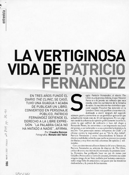 La vertiginosa vida de Patricio Fernández  [artículo] Claudia Donoso