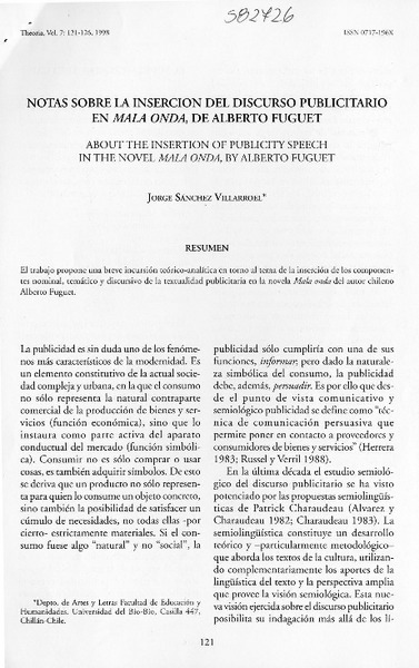 Notas sobre la inserción del discurso publicitario en Mala Onda, de Alberto Fuguet  [artículo] Jorge Sánchez Villarroel