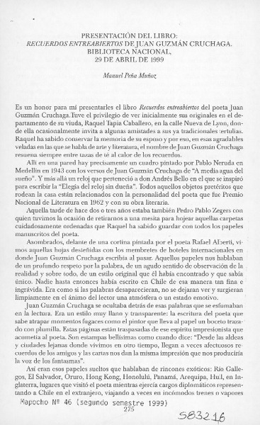 Presentación del libro, Recuerdos entreabiertos de Juan Guzmán Cruchaga  [artículo] Manuel Peña Muñoz