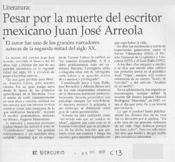 Pesar por la muerte del escritor mexicano Juan José Arreola