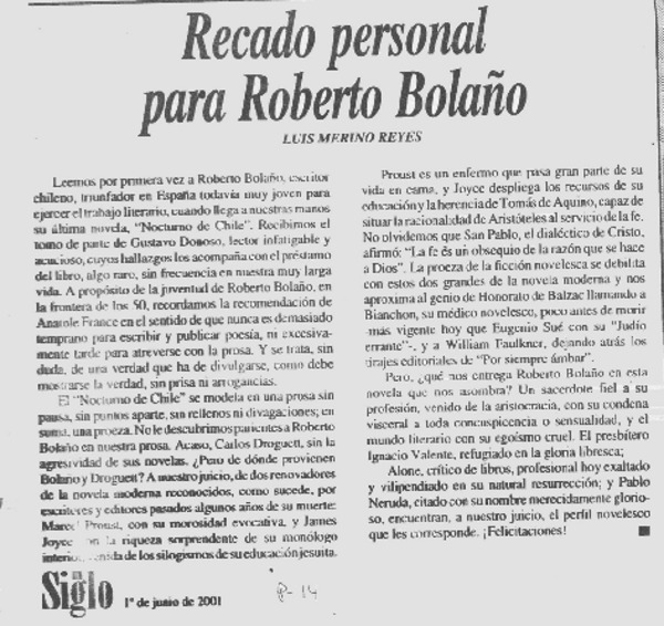 Recado personal para Roberto Bolaño