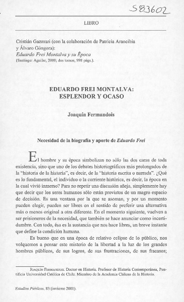 Eduardo Frei Montalva, esplendor y ocaso  [artículo] Joaquín Fermandois