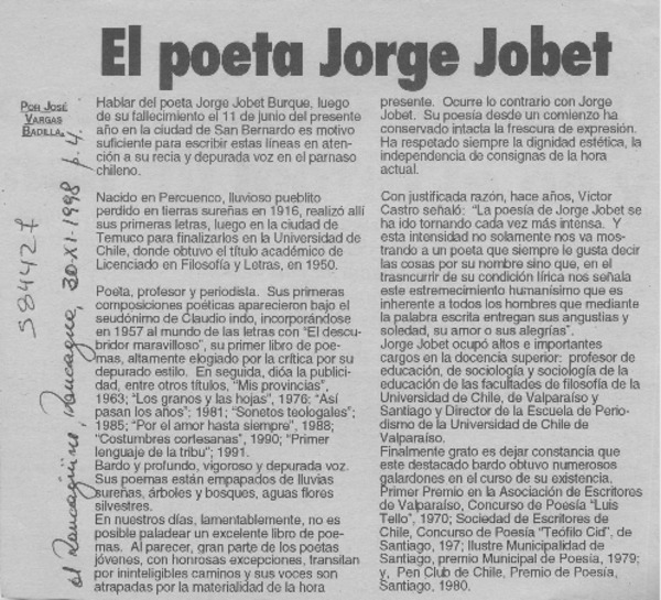 El poeta Jorge Jobet  [artículo] José Vargas Badilla