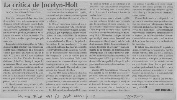 La crítica de Jocelyn-Holt  [artículo] Luis Moulian