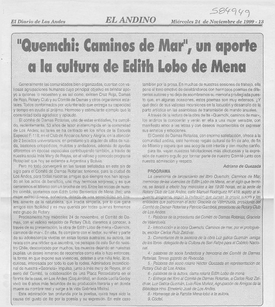 "Quemchi, caminos de mar", un aporte a la cultura de Edith Lobo de Mena  [artículo] Adriana de Quezada