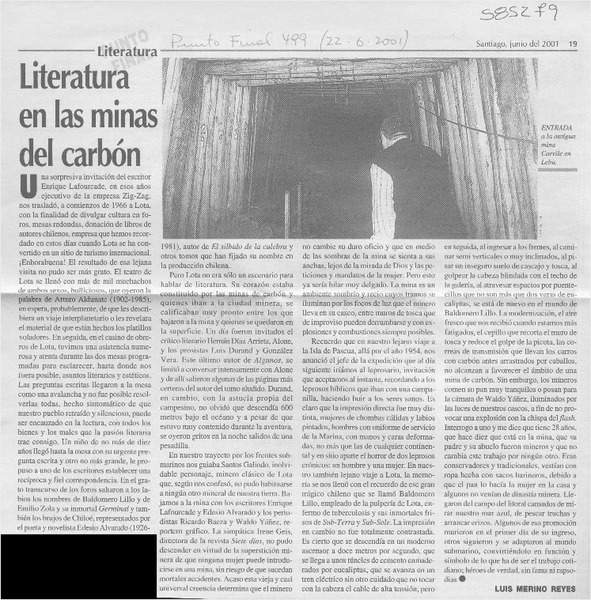 Literatura en las minas del carbón  [artículo] Luis Merino Reyes