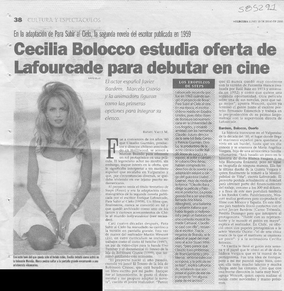 Cecilia Bolocco estudia oferta de Lafourcade para debutar en cine  [artículo] Rafael Valle M.