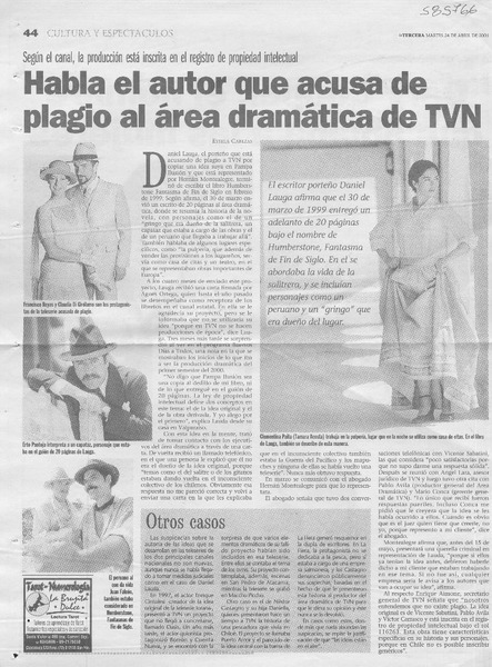 Habla el autor que acusa de plagio al área dramática de TVN  [artículo] Estela Cabezas