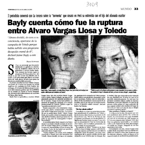 Bayly cuenta cómo fue la ruptura entre Alvaro Vargas Llosa y Toledo  [artículo] Pedro Schwarze