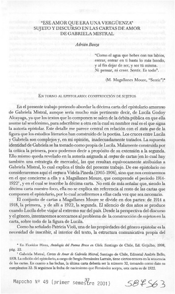 "Ese amor que era una vergüenza" sujeto y discurso en las cartas de amor de Gabriela Mistral  [artículo] Adrián Baeza