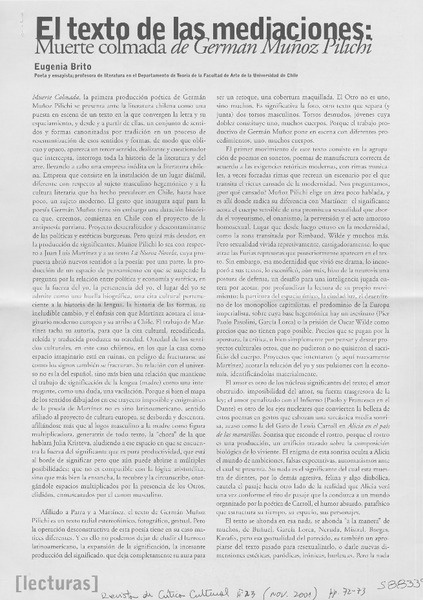 El texto de las mediaciones, muerte colmada de Germán Muñoz Pilichi  [artículo] Eugenia Brito