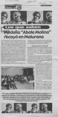 Medalla "Abate Molina" recayó en Maturana  [artículo]