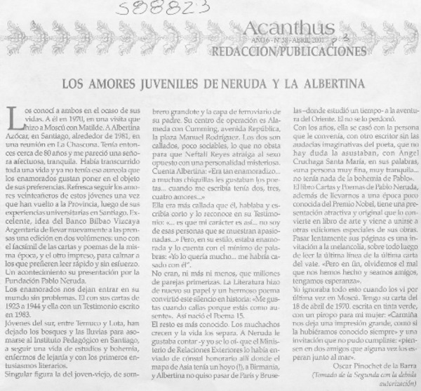 Los amores juveniles de Neruda y la Albertina  [artículo] Oscar Pinochet de la Barra
