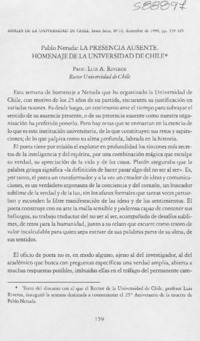 Pablo Neruda, la presencia ausente, homenaje de la Universidad de Chile  [artículo] Luis A. Riveros